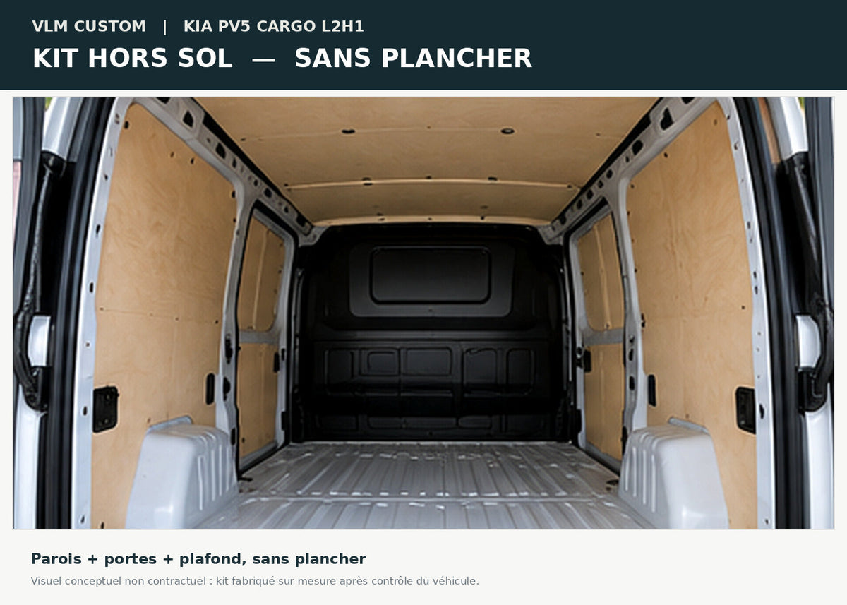 Visuel conceptuel non contractuel — Kia PV5 Cargo L2H1 kit Hors sol VLM : parois et plafond, sans plancher