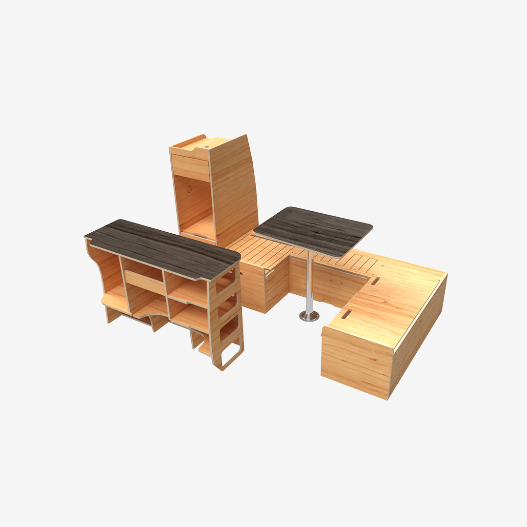 Exokit – Pack complet VW T5 / T6 L1H1 – Banquette U + cuisine + colonne